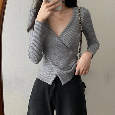 Autumn Winter Knitwear Tops Women Pullover Sweaters Fashion Female Long Sleeve Skinny Elastic Casual V-neck Knitted Shirts