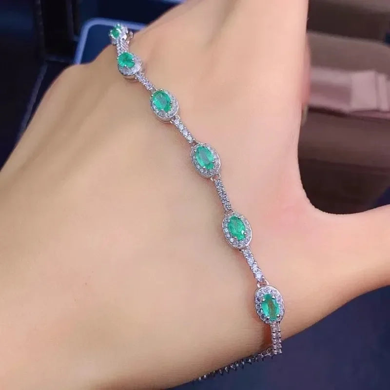 Fine Jewelry 925 Sterling Silver Inset with Gemstones Women's Luxury Vintage Fresh Emerald Hand Bracelet