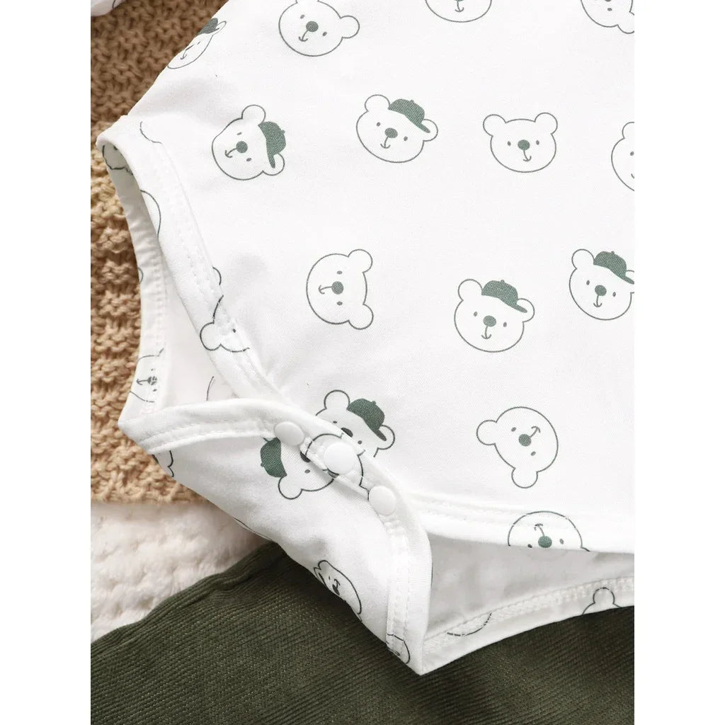 3-24 Months Toddler Baby Boy and Girl 2pcs Clothes Set Bear Print Bodysuit with Green Overall Fashion Cute Autumn&Winter Wear