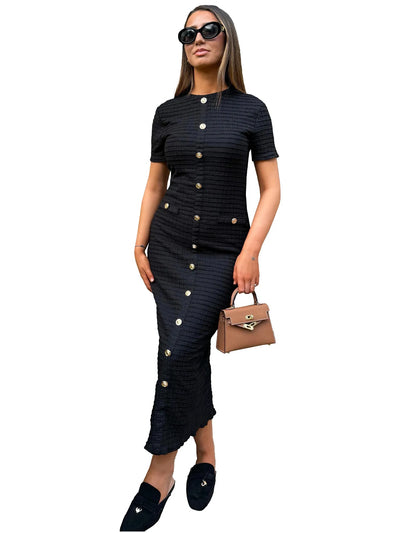 Knitted Dress Single Breasted Short Sleeve Women Dresses Solid Sexy Slim Fit Wrap Buttocks Spliced Buttons Ankle Length