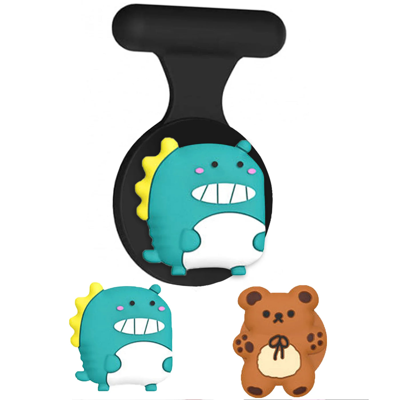 Black silicone AirTag holder case with dinosaur and bear designs in blue, green, yellow, brown for kids