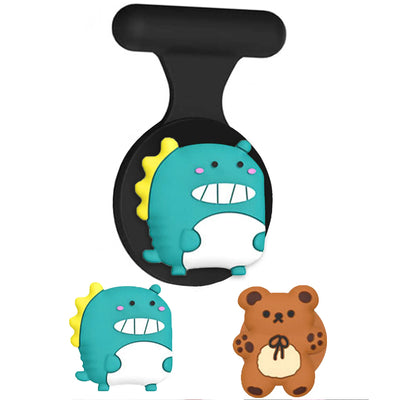 Black silicone AirTag holder case with dinosaur and bear designs in blue, green, yellow, brown for kids