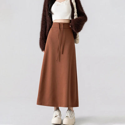 Simple Solid Color Long Skirts for Women Autmn Winter Chic Back Slit A-Line Midi Skirt Elegant Drawstring All Match Maxi Skirts