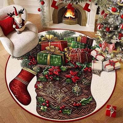 Christmas Stocking Gift Basket Carpet Mat Poinsettia Holly Rug Red Green Gold Festive Non-slip Home Decoration for Living Room
