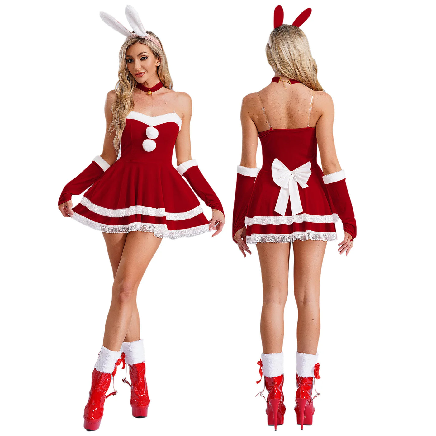 Women Sexy Lingerie Christmas Costume A-line Cami Dress with Arm Sleeves Choker Headwear Carnival Rave Party Role Play Clubwear