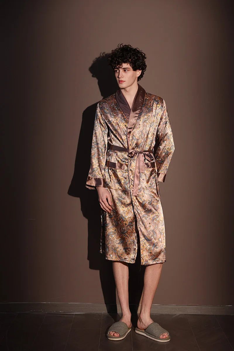 High Quality Nightrobes Men Summer Thin Bathrobe Large Size Ice Silk Printed Pajamas One-piece Robe Male Loungewear Gents Spring