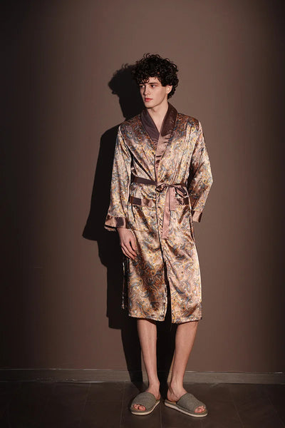 High Quality Nightrobes Men Summer Thin Bathrobe Large Size Ice Silk Printed Pajamas One-piece Robe Male Loungewear Gents Spring