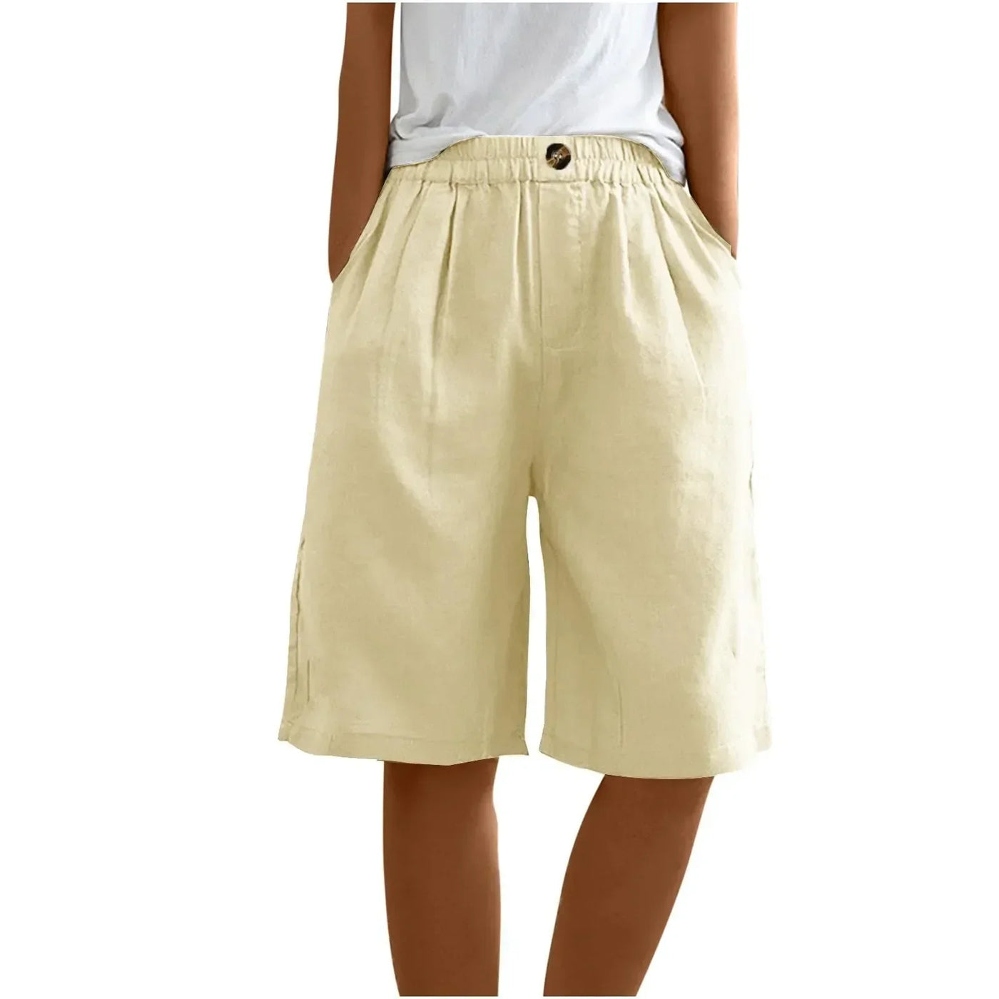 Women's Fashion Solid Color Cotton Linen Shorts - Loose Elastic Waist Capris with Pocket and Button Up Design