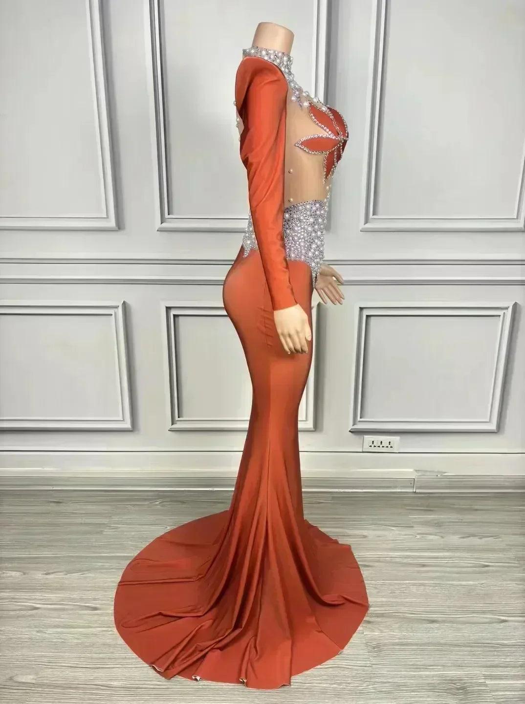 Women luxury evening party elegant gowns sing stage performance costume white pearls see through mesh maxi long dresses