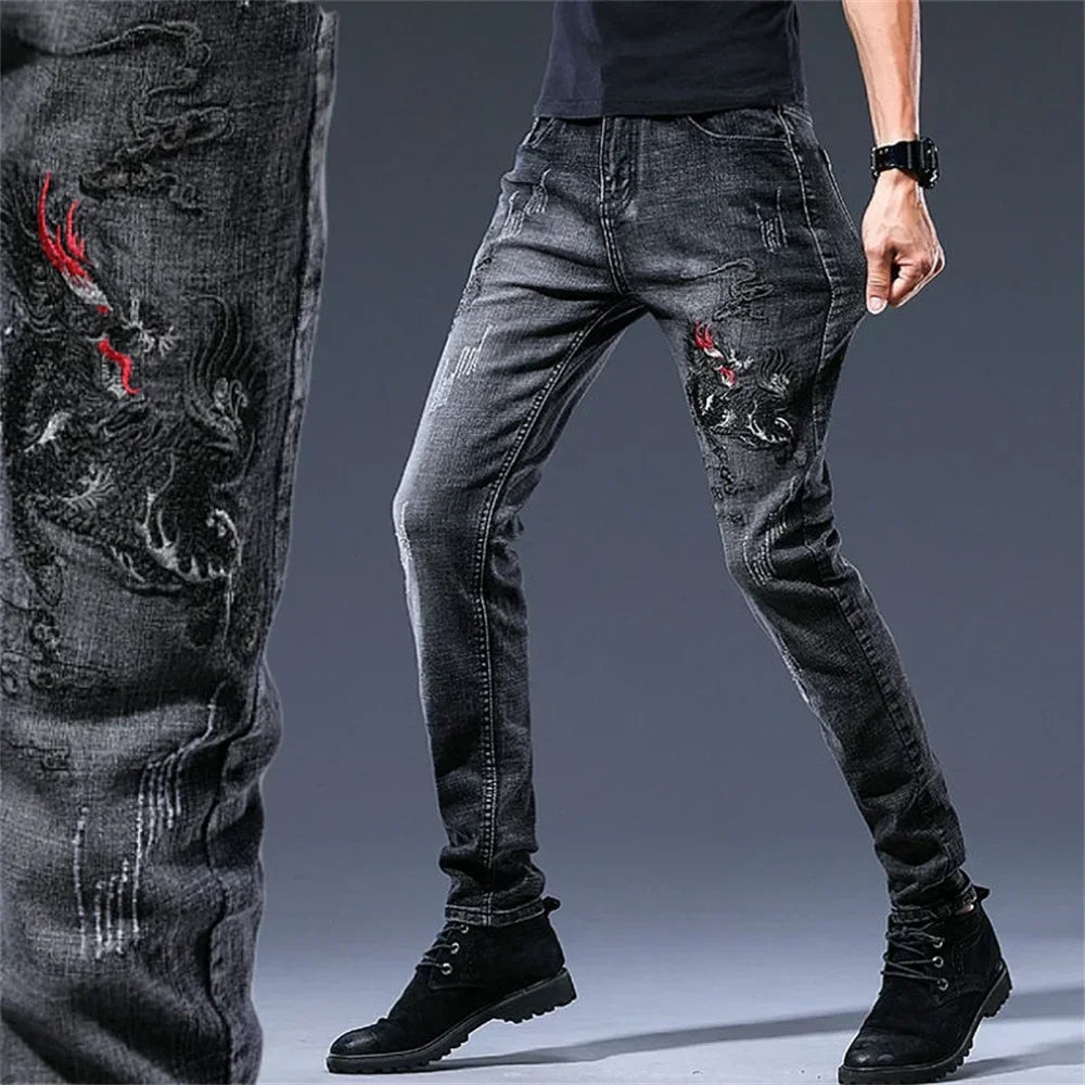 Men's Chinese Dragon Embroidery Jeans Fashion Kylin Embroidered Slim Pencil Pants Stretch Denim Trousers jeans for men pants