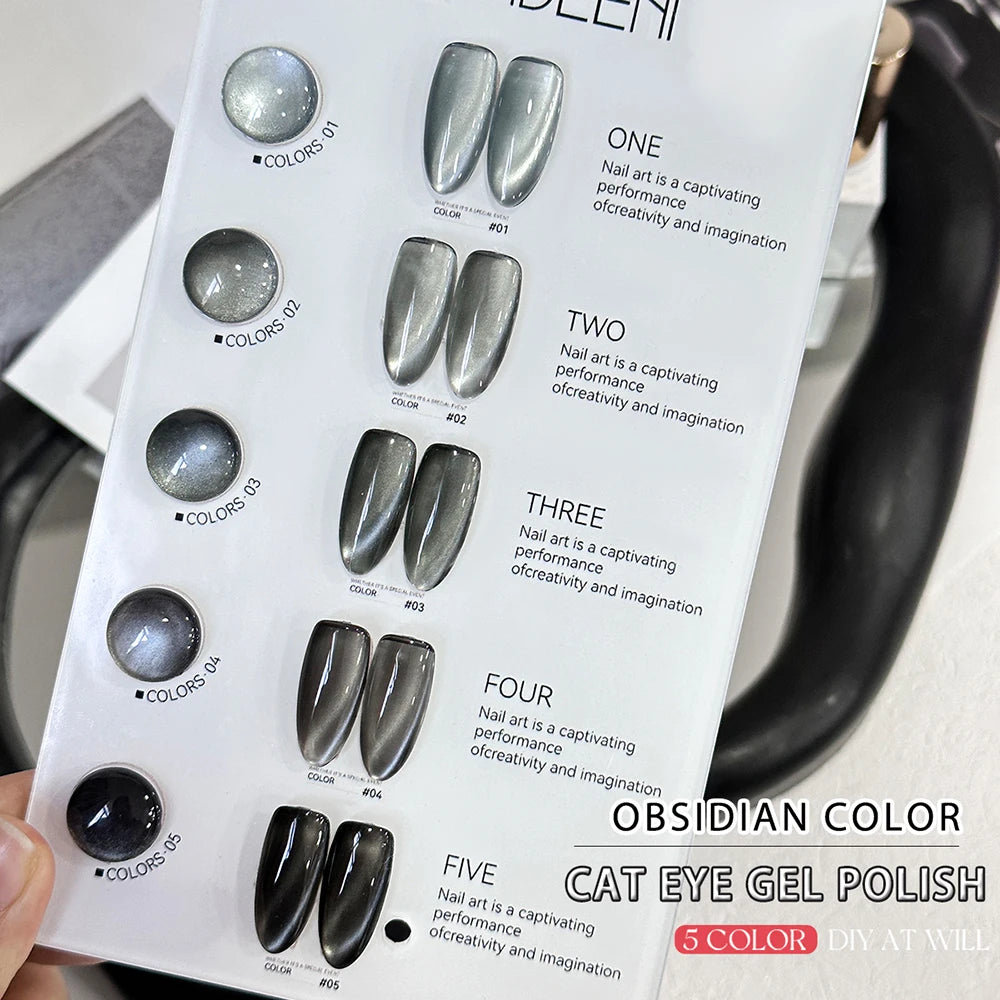 Vendeeni 5 Color/Set Obsidian Cat Eye Gel Nail Polish Magnetic UV LED Gel Varnish Black Crystal Cat Eye Gel Lacquer With Display