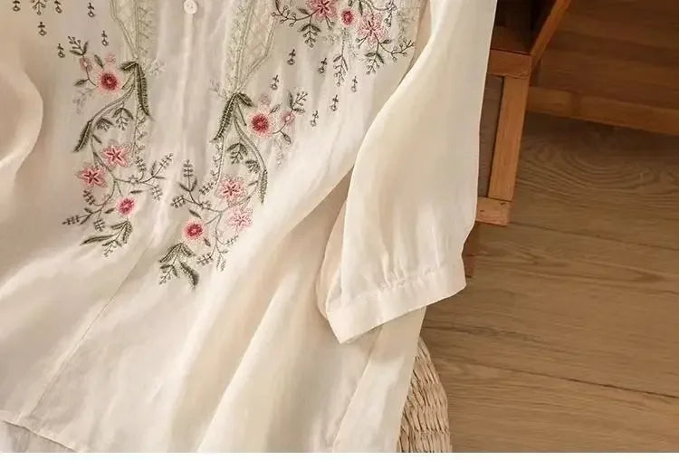 Linen V-neck EmbroideryTop For Women