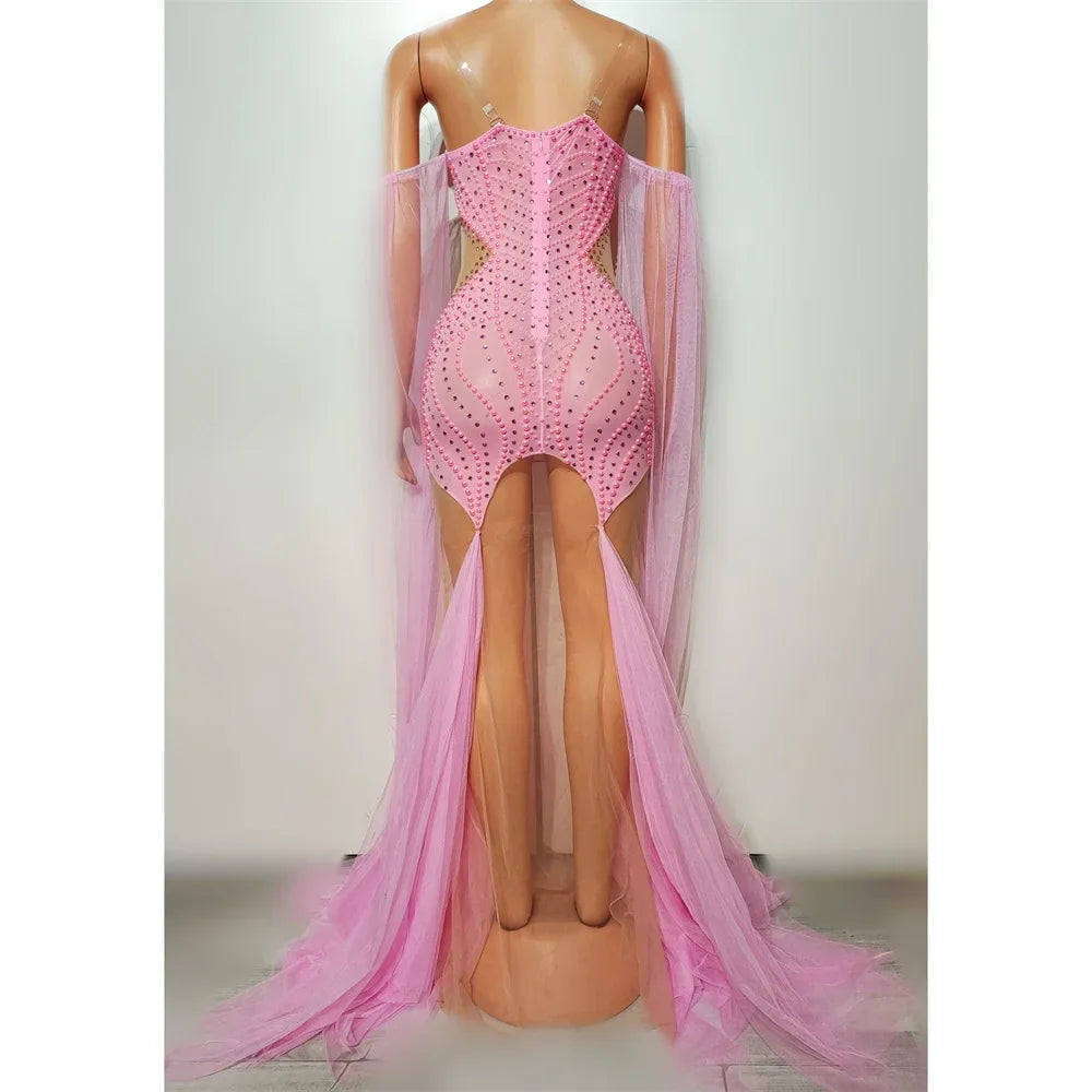Pink Rhinestones Pearls Dress For Women