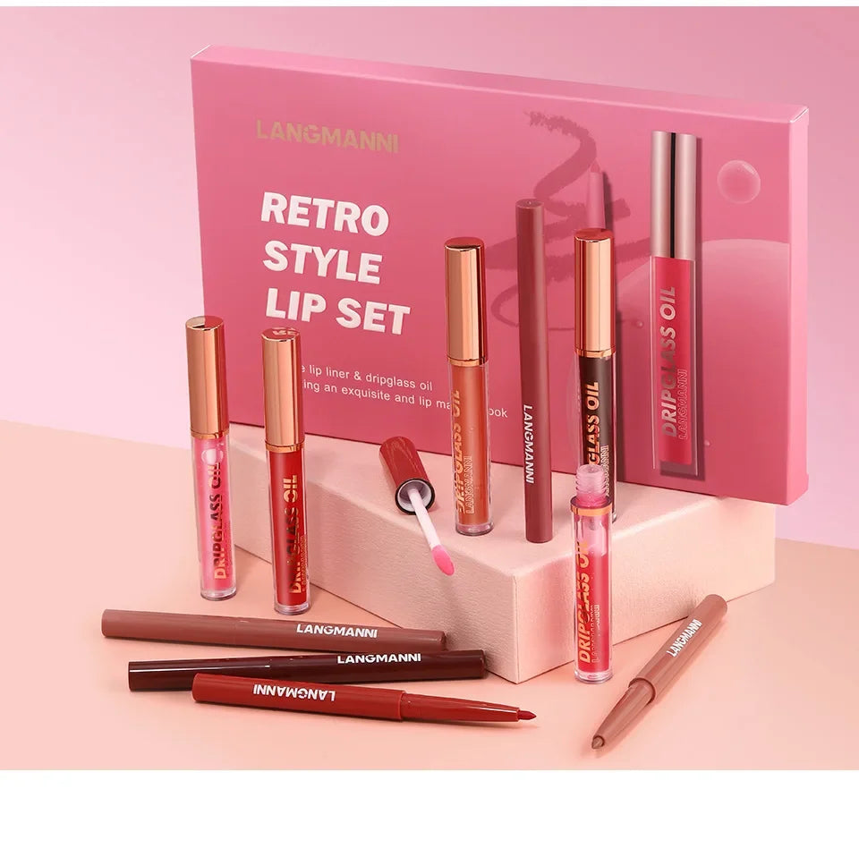 12PCS Retro Lip Set 6 Lipliner 6 Dripglass Oil Matte Shiny Long Lasting Makeup Kit Cosmetics Beauty Essentials