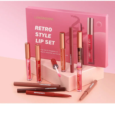 12PCS Retro Lip Set 6 Lipliner 6 Dripglass Oil Matte Shiny Long Lasting Makeup Kit Cosmetics Beauty Essentials