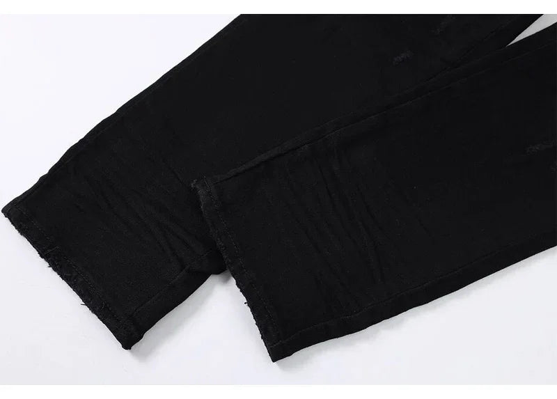 Fashion Designer Men Jeans High Quality Black Stretch Skinny Fit Leather Patched Ripped Jeans Men Y2K Brand Hip Hop Denim Pants
