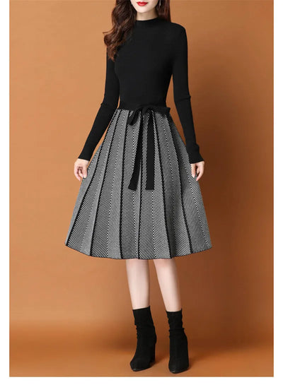 Sweater Dress Fall Winter patchwork Long Sleeve Women Elegant Knitted A-Line pleated Dress Female Korean Lace-Up Vestidos 2023
