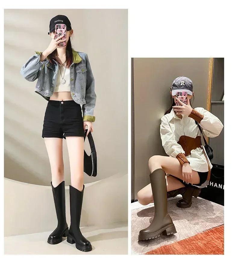 Long tube boots for women 2025 winter new height increasing knight thick heel retro versatile women’s