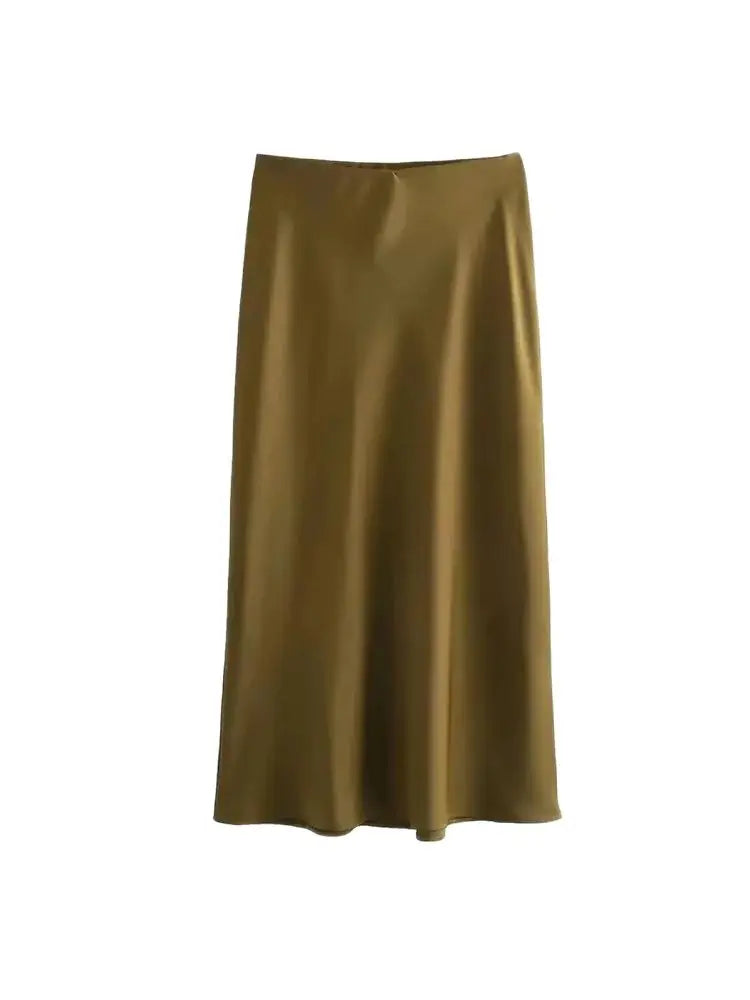 Women's Flowing Satin Midi Skirt, High Waist With Elastic Waistband, Female Skirts, Chic Fashion