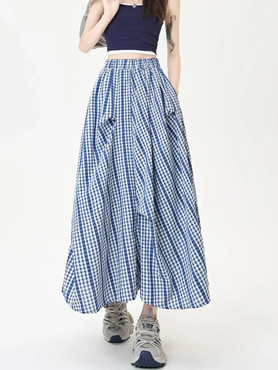 Summer Women Checkered A Line Skirt High Waist Slim Fit Pleated Length Fashion Irregular Contrast Colors Flowy Swing Style