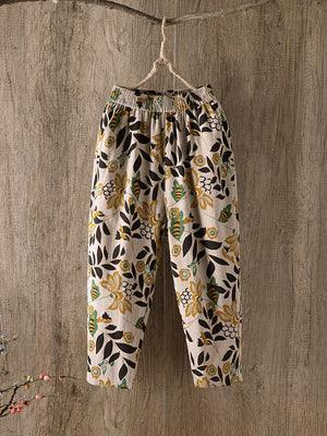 Fashion printed cotton linen harem pants for women 2025 summer casual high waist calf-length loose trousers female