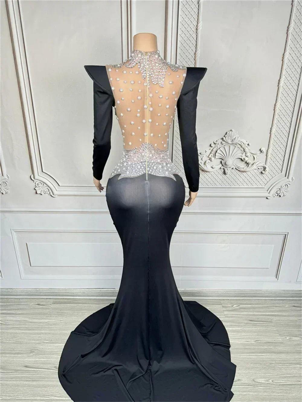 Women luxury evening party elegant gowns sing stage performance costume white pearls see through mesh maxi long dresses