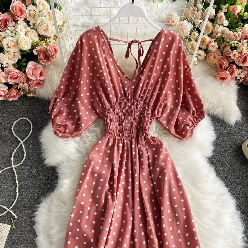 V Neck Sexy Dolman Sleeves Waist Slim Polka Dot Print Jumpsuit Women Wide Leg Trousers Jumpsuit