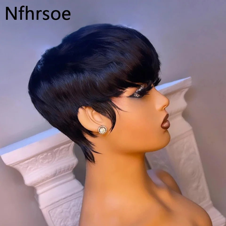 Short Bob Wig Straight Pixie Cut Bob Wigs Human Hair For Women With Bangs Brazilian Virgin Human Hair Wigs Non Lace Front Wig
