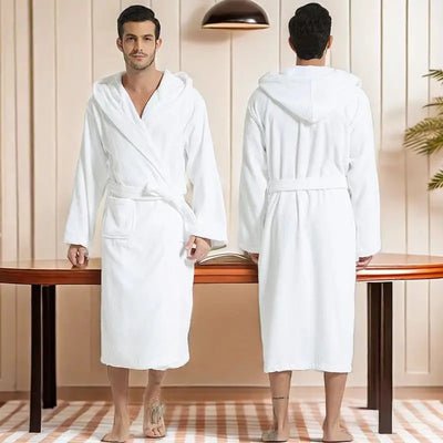 Hooded Bathrobe Men 100% Cotton Long Terry Towel Big and Tall Towel Bathrobe Male Terry Cloth Bath Robe Sleeping Dressing Gown