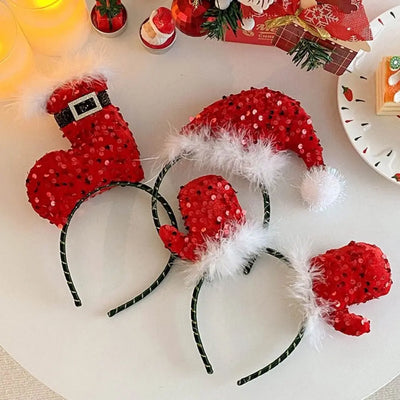 Headwear Sequin Merry Christmas Headbands Festival Red Christmas Hat Hair Hoop Dress Up Plush Holiday Decor