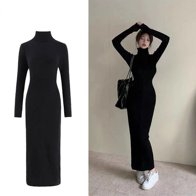 Turtleneck Black Dresses Women Solid Skinny Ladies Clothing Autumn Ankle-length Bodycon Long Sleeve Sexy Warm Fashion Trumpet