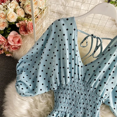 V Neck Sexy Dolman Sleeves Waist Slim Polka Dot Print Jumpsuit Women Wide Leg Trousers Jumpsuit