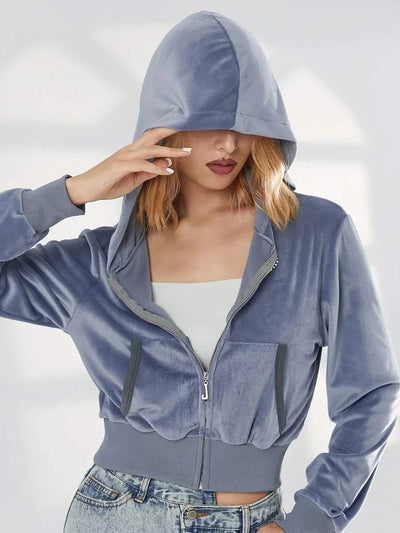 Women Velvet Coats Casual Gothic Grunge Y2K Aesthetic Clothes Zip Up Hooded Sweatshirt Jackets  Autumn Outerwear