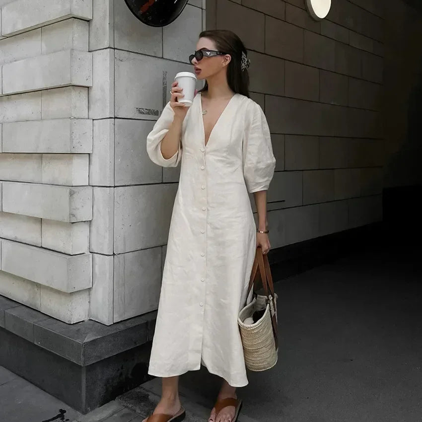 Retro Cotton Linen Women'S Summer Dress Sexy V-Neck Puff Sleeve Long Maxi Birthday Graduation Dresses Beach Sundress Robe Femmes