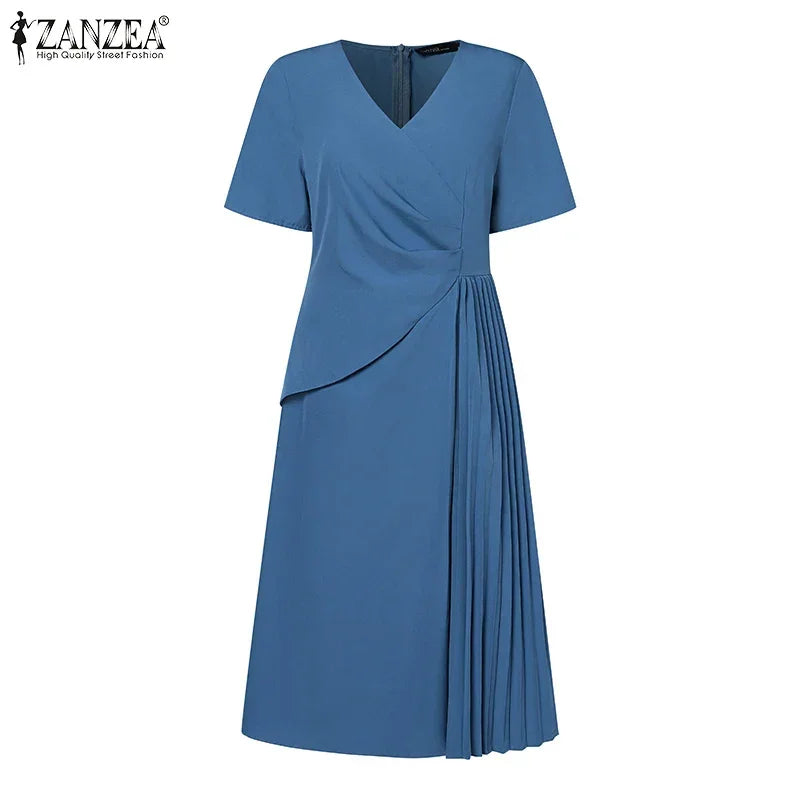 Summer Women Elegant OL Work Sundress V Nek Party Dress 2024 ZANZEA Fashion Short Sleeve Robe Femme Solid Pleated Midi Vestidos