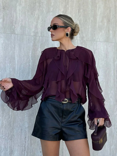 HH Casual Women Ruffles Shirts 2025 Female Loose Lace Up Hollow Out V Neck Semi-Transparent Blouses Spring Lady Clothes