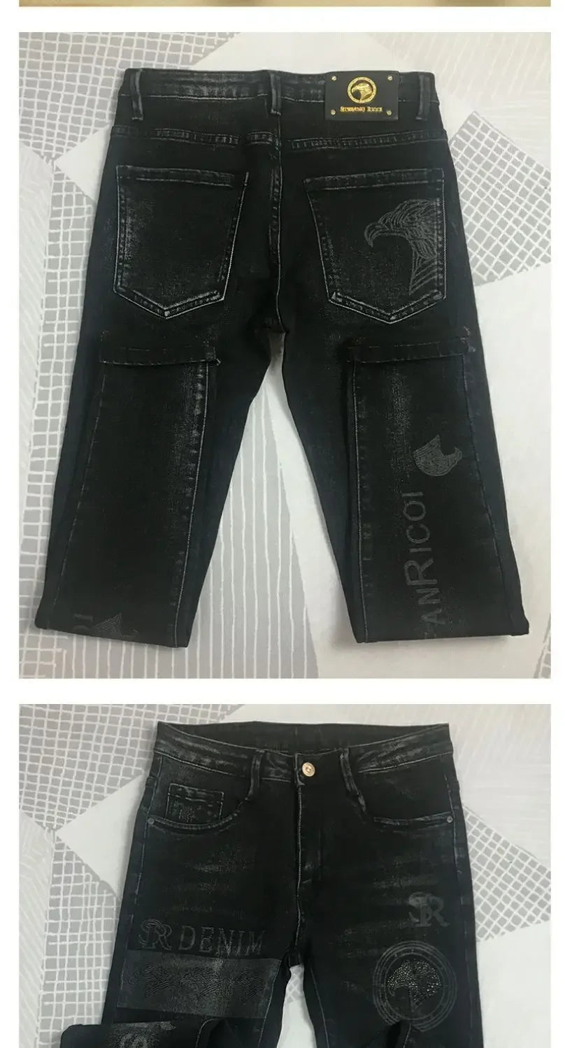 Fashion Original Luxury Boyfriend Black Harajuku Stretch Designer Eagle Printed Cowboy Graphic Jeans for Men Denim Trousers Male