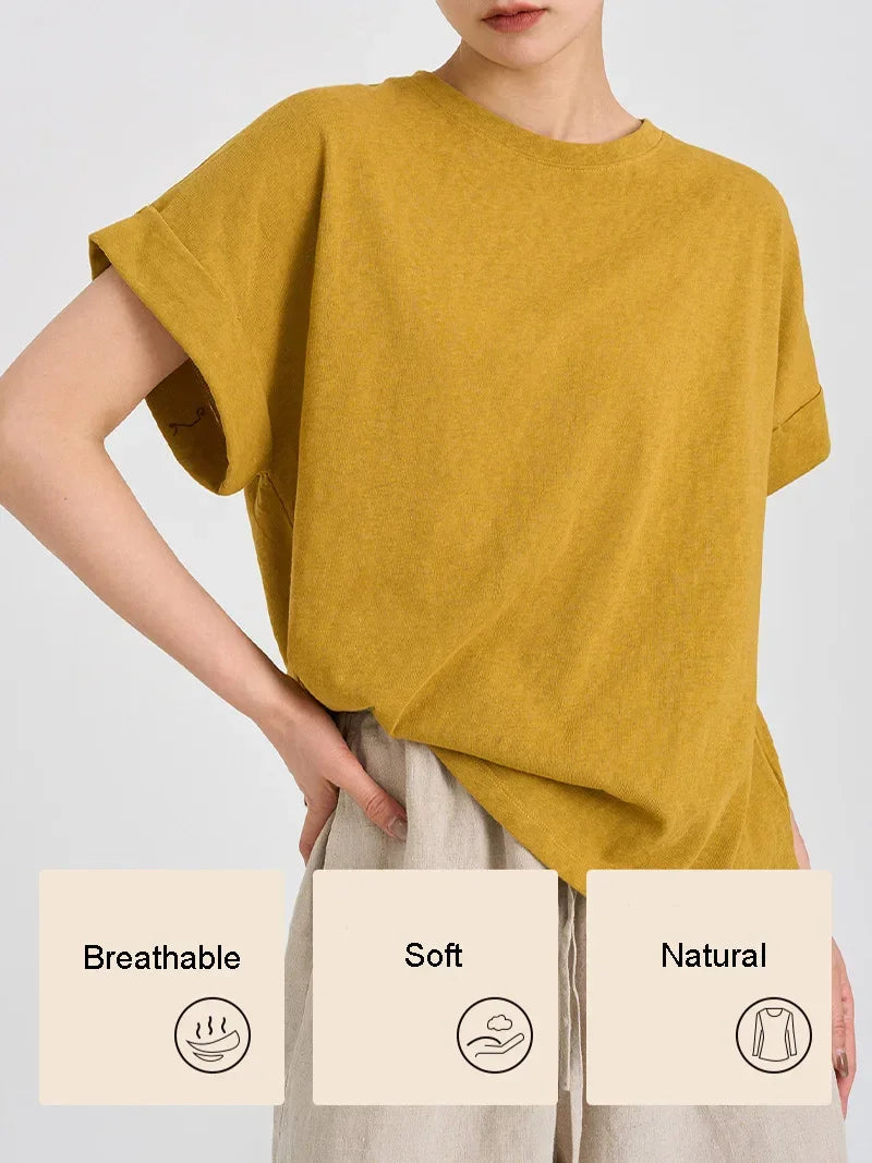 Women Linen Tops Crew Neck