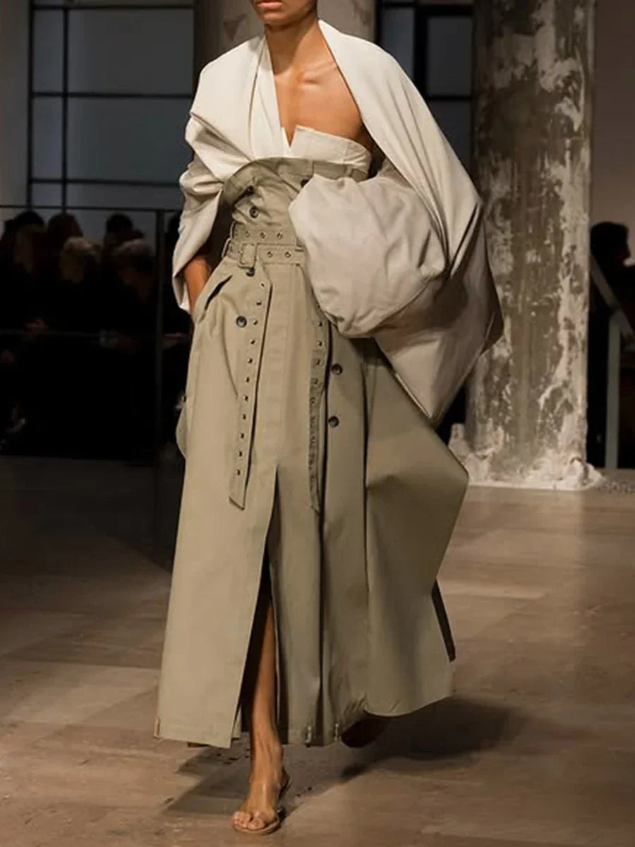 VGH Ameican Retro Irregular Cargo Dresses for Women Strapless Sleeveless High Waist Spliced Double Sashaes Midi Dress Female New