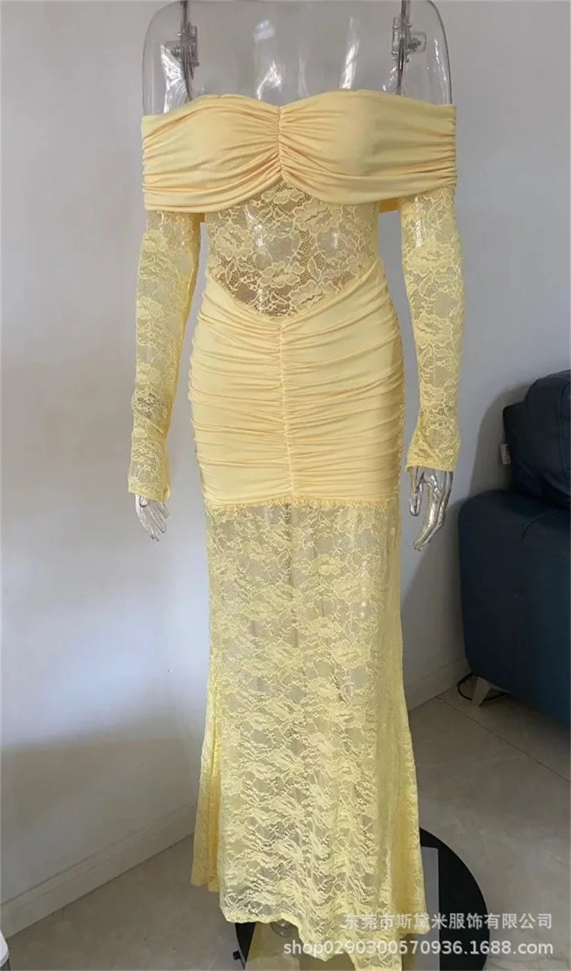 Sexy Lace Mermaid Women Prom Dress Sexy Off Shoulder Full Sleeves Long Party Gown Robe Casual Beach Holiday Formal Evening Gown