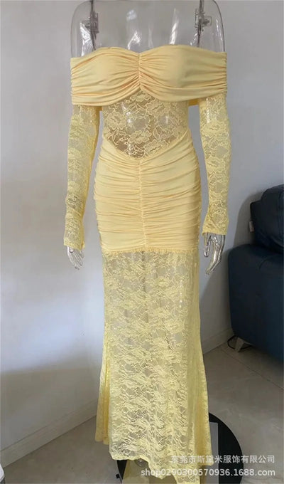 Sexy Lace Mermaid Women Prom Dress Sexy Off Shoulder Full Sleeves Long Party Gown Robe Casual Beach Holiday Formal Evening Gown