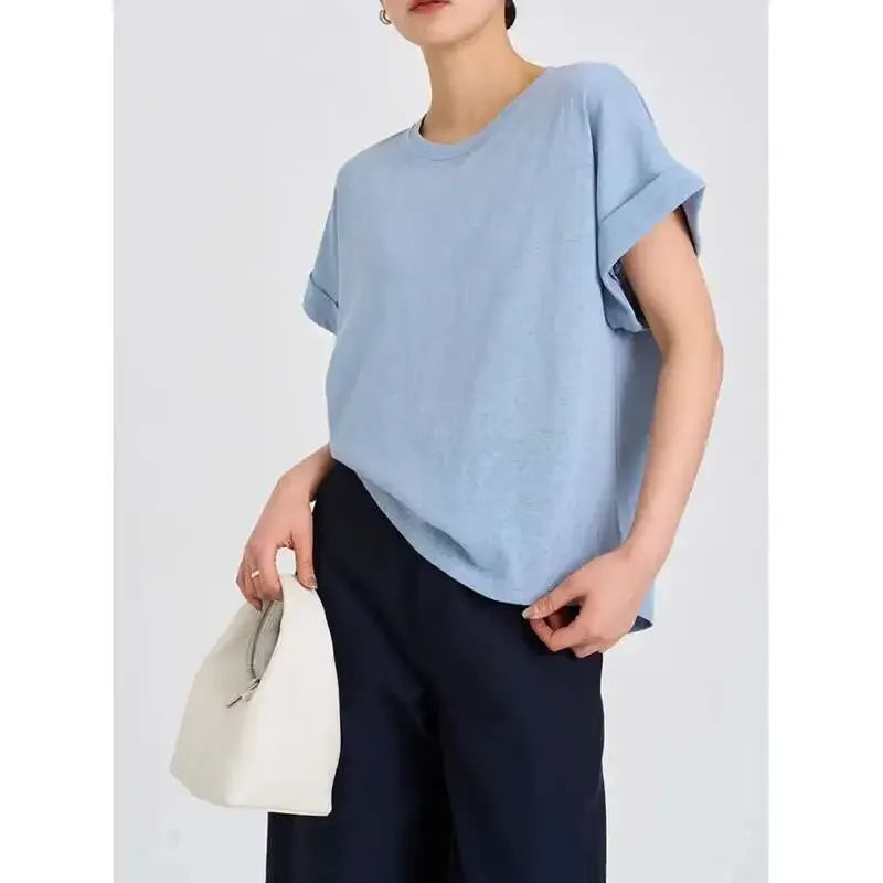 Women's Linen Round Neck Transparent Tops