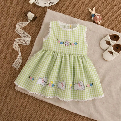 Cute Rabbit Simple Style Checkered Children's Sleeveless Clothes |Baby Girl Dress, Summer (9 Months -4 Years Old)