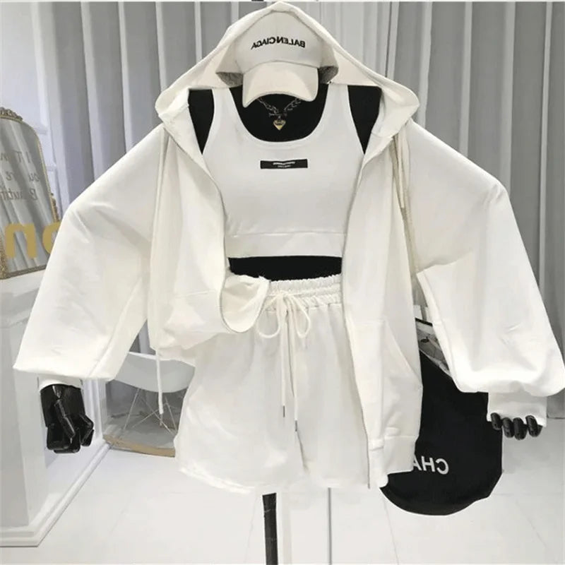 Shorts Three 3 Piece Sets Women Casual Vest Drawstring Short Hooded Zipper Jacket Sportswear Suits Y2k Streetwear Sports Hoodies