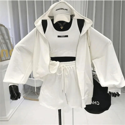 Shorts Three 3 Piece Sets Women Casual Vest Drawstring Short Hooded Zipper Jacket Sportswear Suits Y2k Streetwear Sports Hoodies