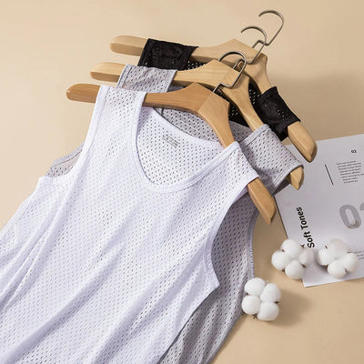 Men's Tank Top Gym Clothing Men Ice Silk Undershirt T-shirt Mesh Bodybuilding Vest Sports Fitness Sleeveless Breathable Tops 5XL