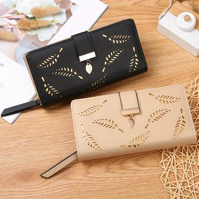 Elegant Women's Wallet With Hollowed-Out Leaf Design, Bifold Long Zippered Clutch, PU Leather Mobile Phone Bag Card Coin Purse