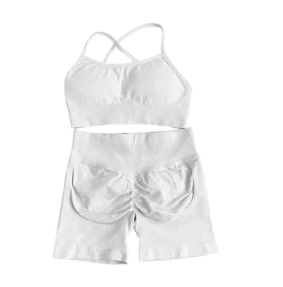 2025 Yoga High Quality Set Solid Color Women's Sports Hip Lift Shorts Cross Bra Shockproof Backrest Sling 2-piece Set Summer