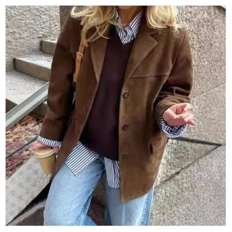 2024 Women's Autumn Coats Vintage Brown Suede Leather Women's Blazer Jacket Fashion Lapel Single Breasted Pocket Short Jacket - Elanique
