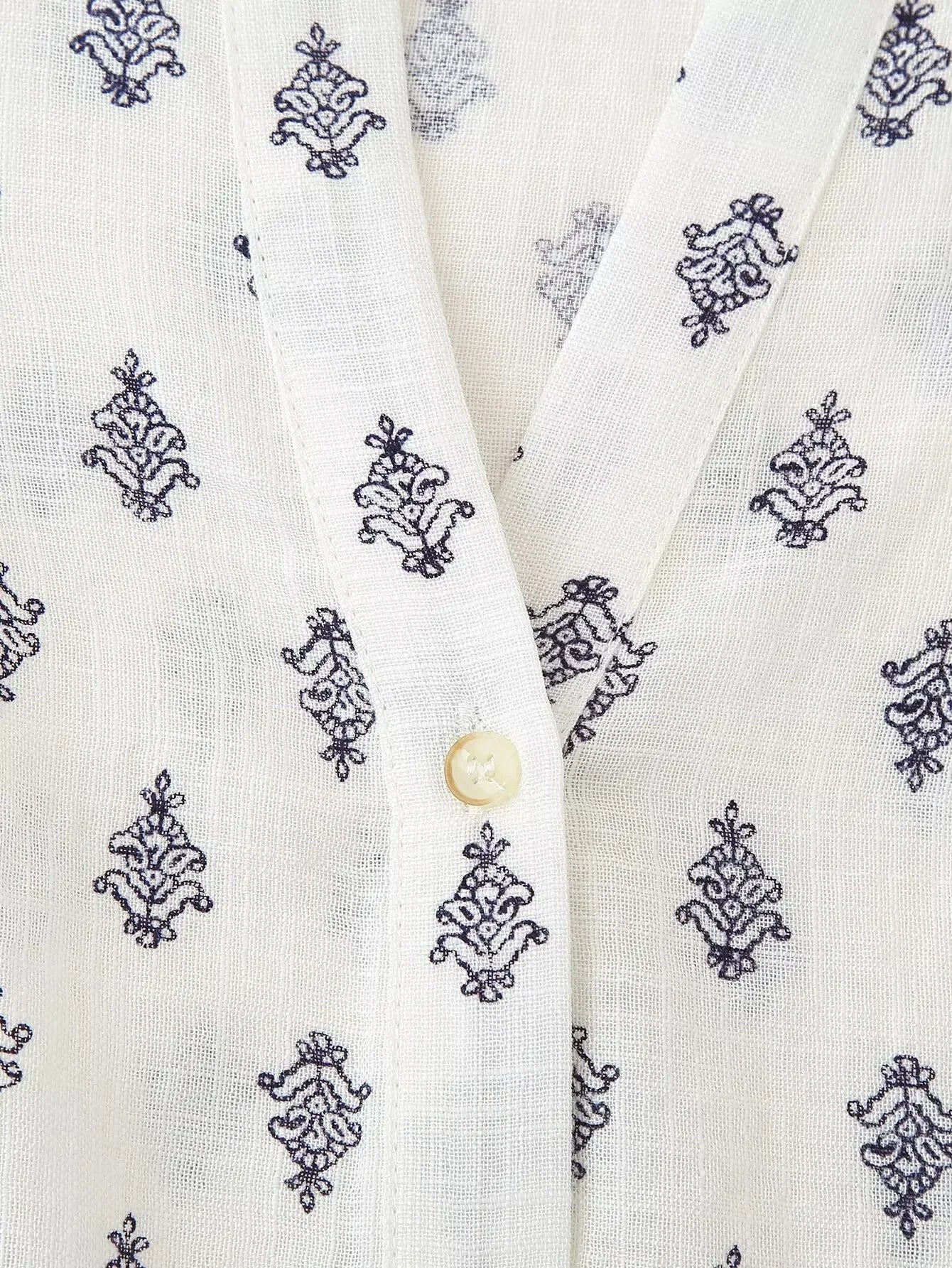 Women's Puffy Sleeve Linen Printed Top